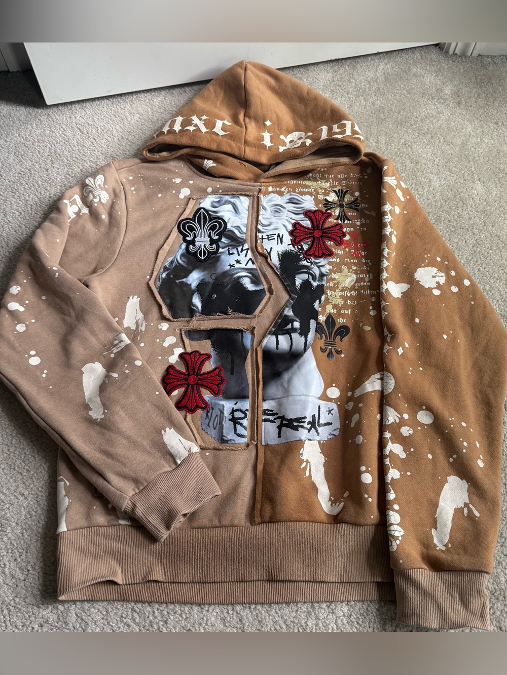 Smoke Rise Brown Patchwork Hoodie Y2K Streetwear Graphic Statue Pullover
